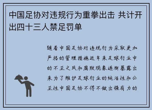中国足协对违规行为重拳出击 共计开出四十三人禁足罚单
